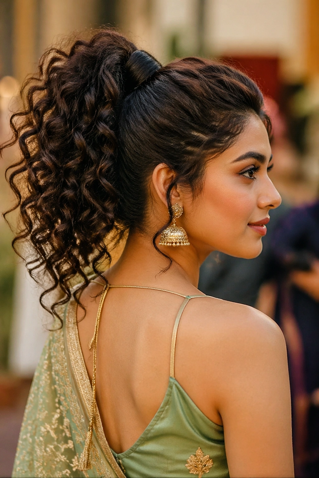 Close-up of a real woman with curly high ponytail wrapped base wearing saree