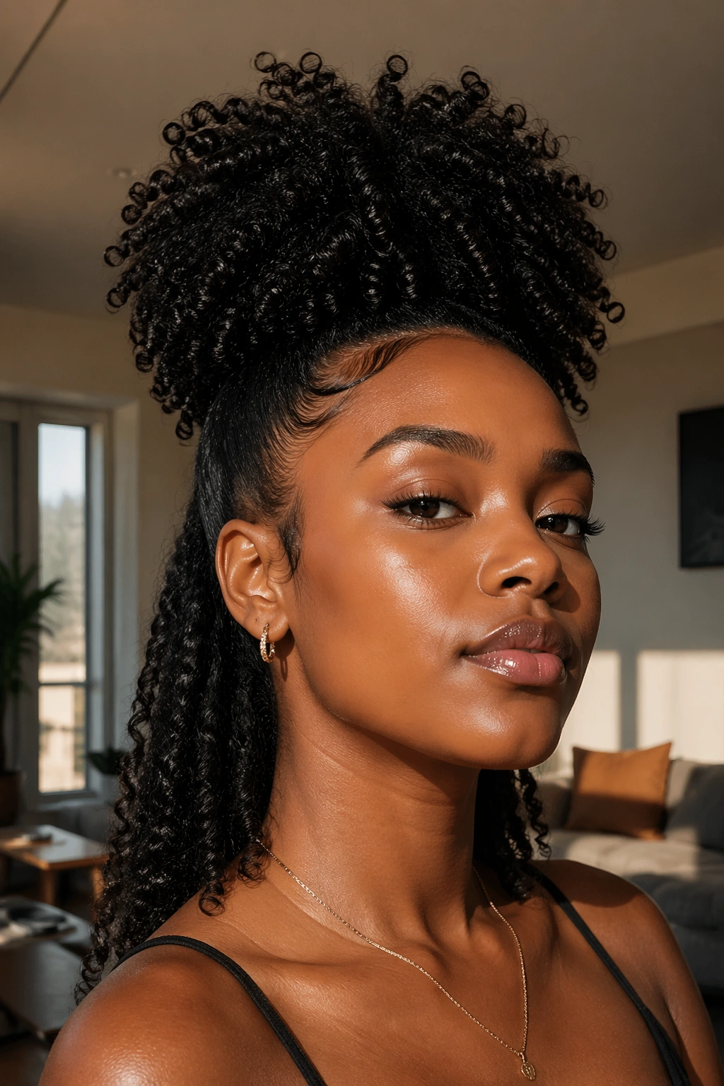 Close-up of a Black woman with a curly high puff and length left out