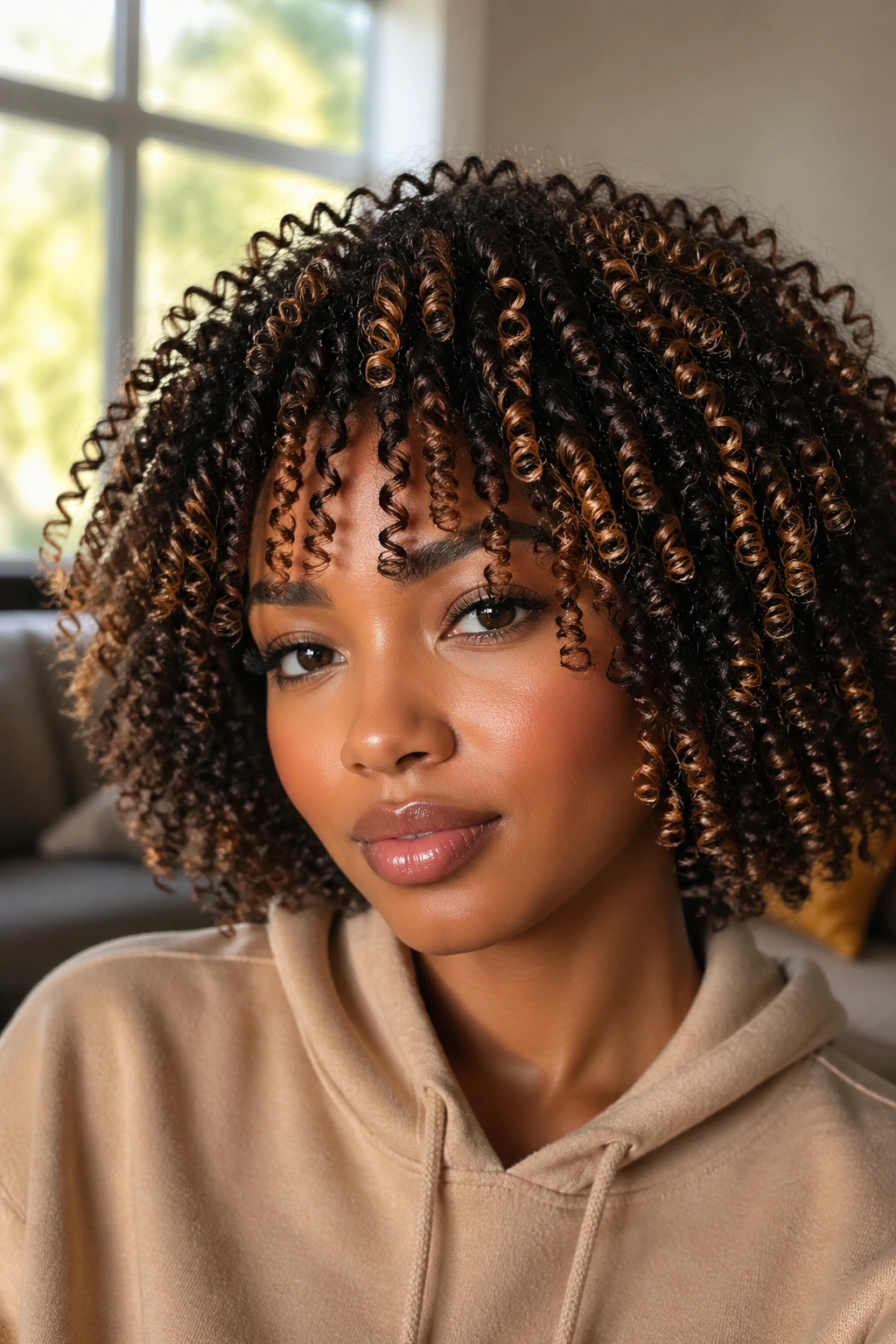 Close-up of curly hair with highlights showing dot-like, curl-focused reflections