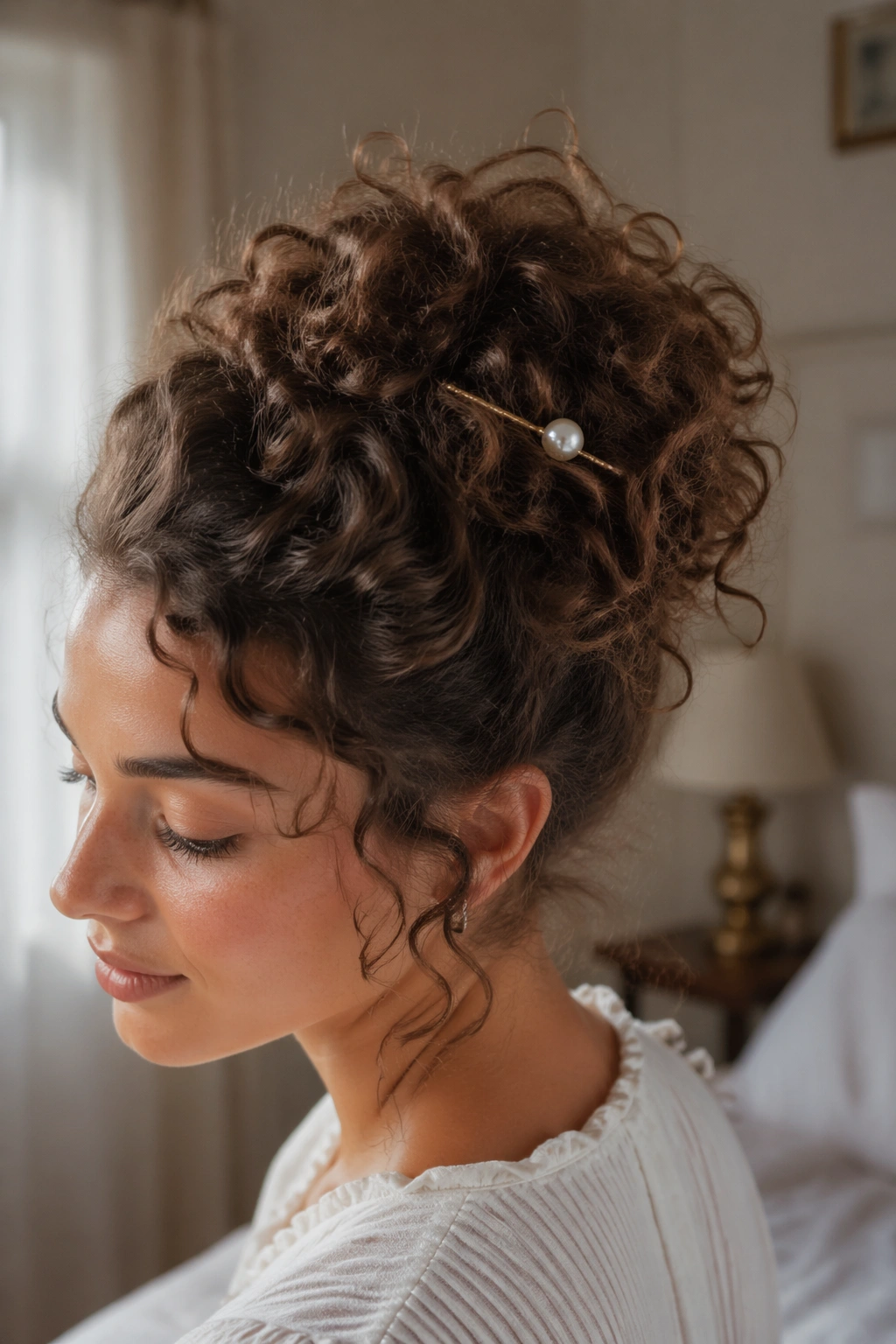 Real woman with curly hair wearing a single pearl pin, demonstrating hold.
