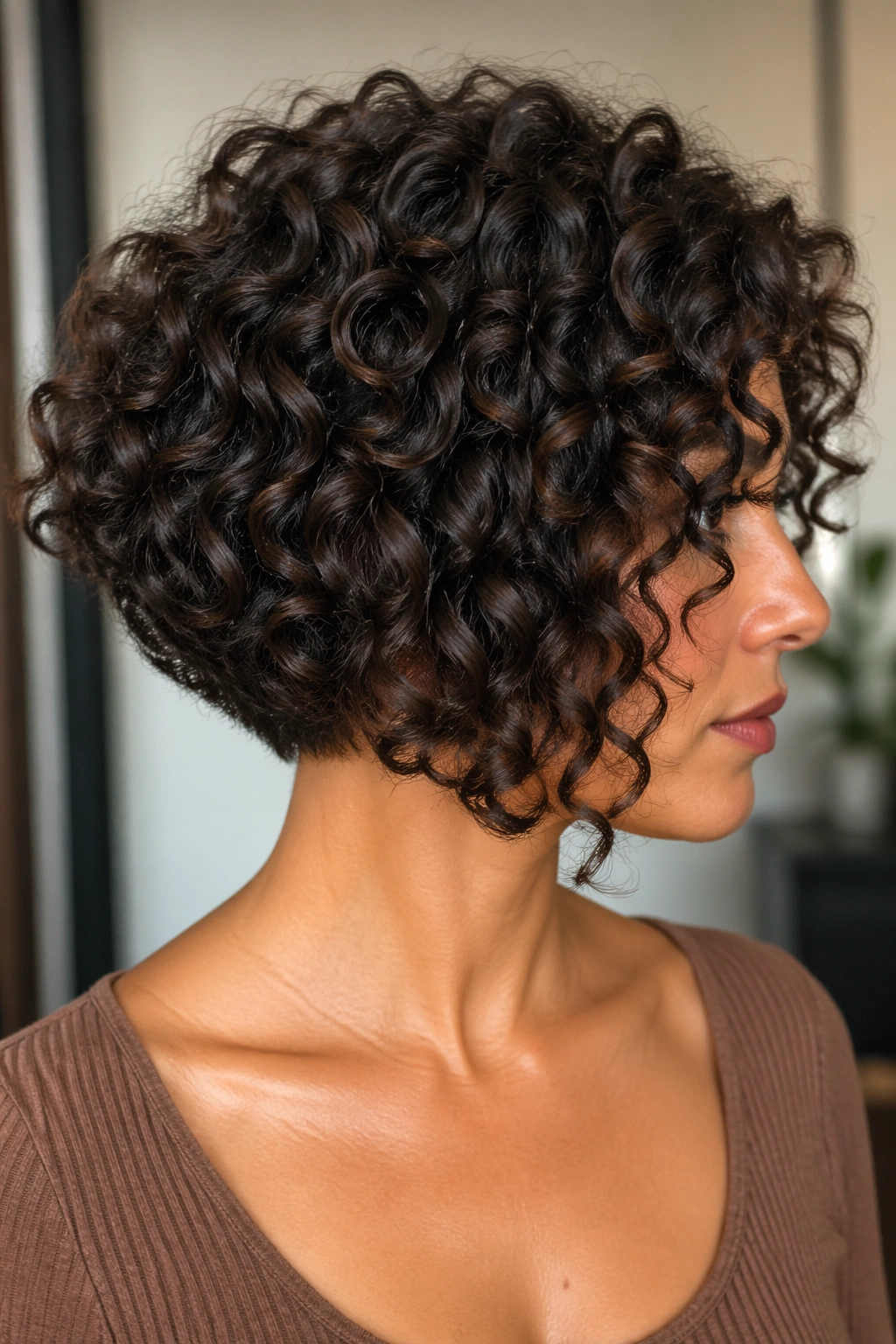 Close-up of woman with curly inverted bob highlighting longer front and shorter back
