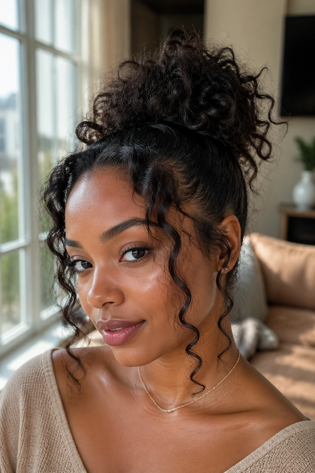 Close-up of a real Black woman with curly leave-out pony bun