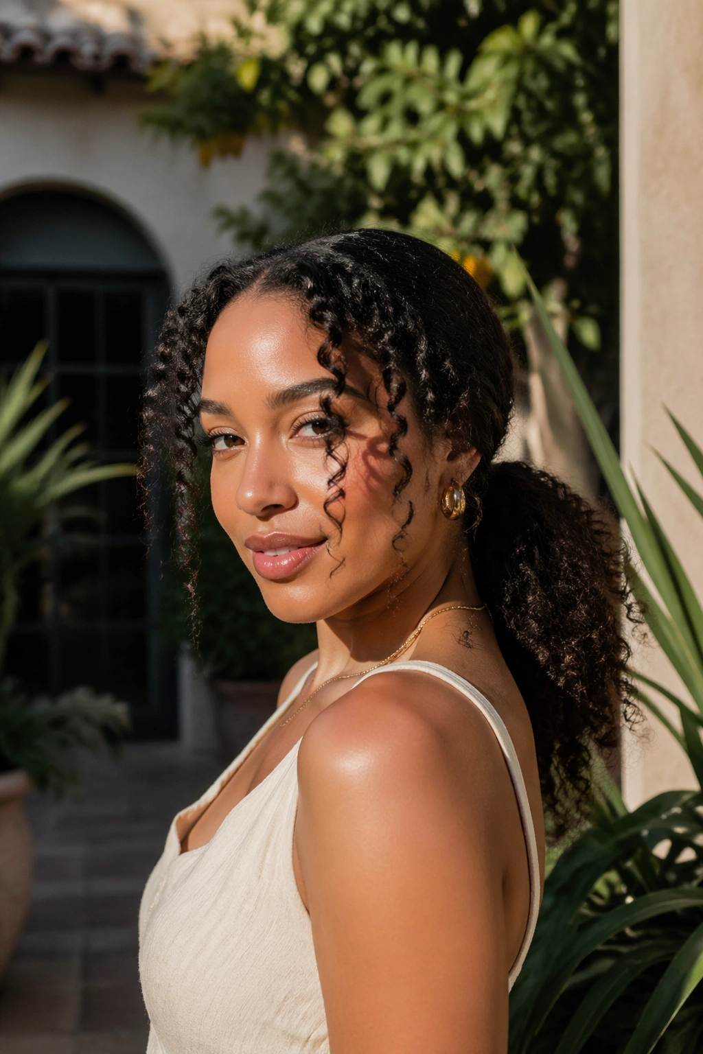 Hero shot of curly leave-out low ponytail in sunlit courtyard