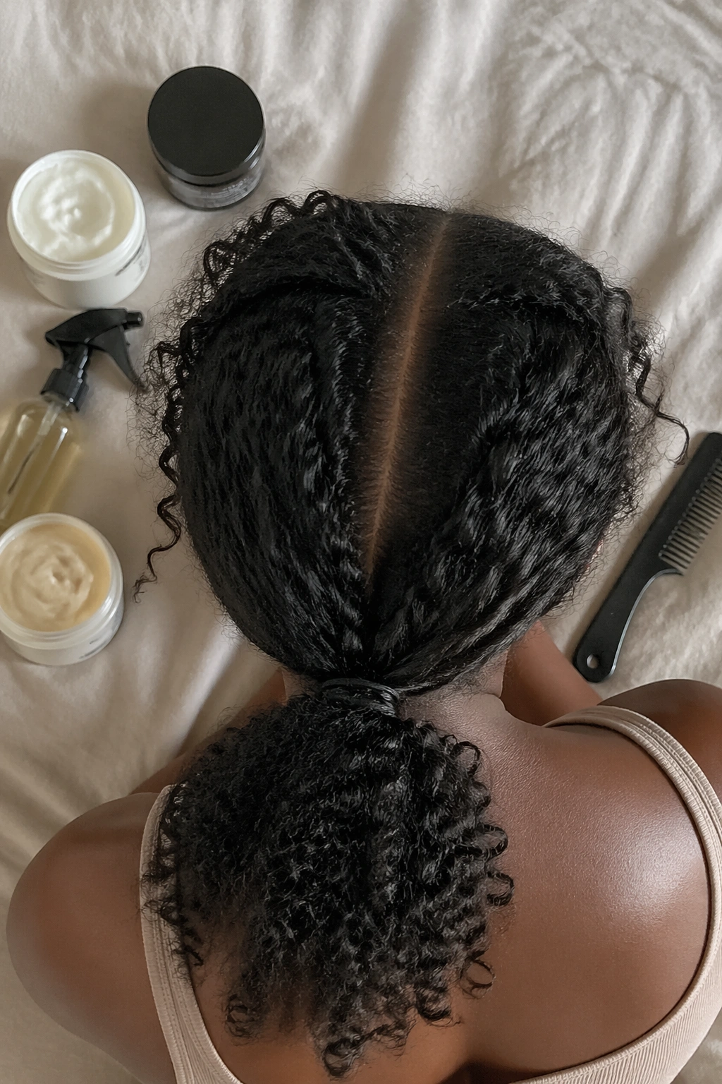 Overhead flat-lay of curly leave-out V-part ponytail