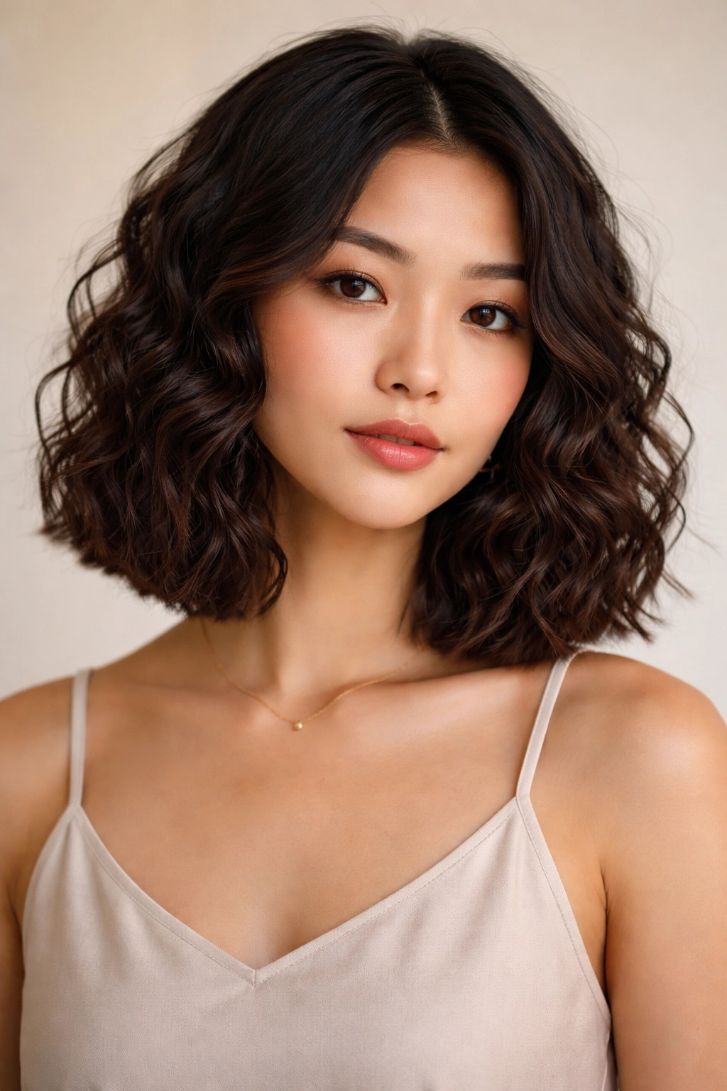 Curly lob with blunt ends showing defined curls and a sharp lower edge