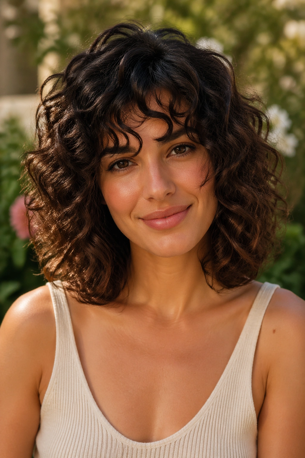 Close-up portrait of a person with a curly lob at collarbone length in natural light