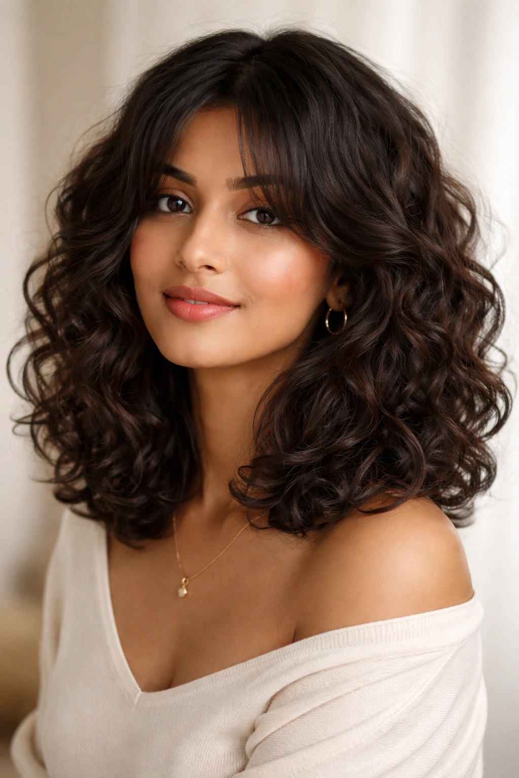 Three-quarter view of a curly lob with curtain bangs framing the face