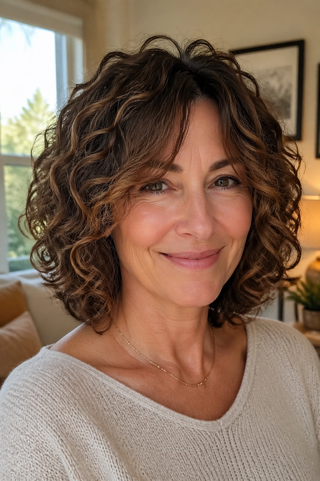 Close-up of a real woman with a shoulder-length curly lob and face-framing layers in warm window light