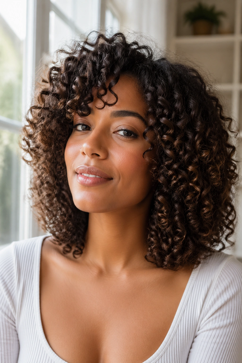 Close-up portrait of a real person with curly lob long bob hairstyle.
