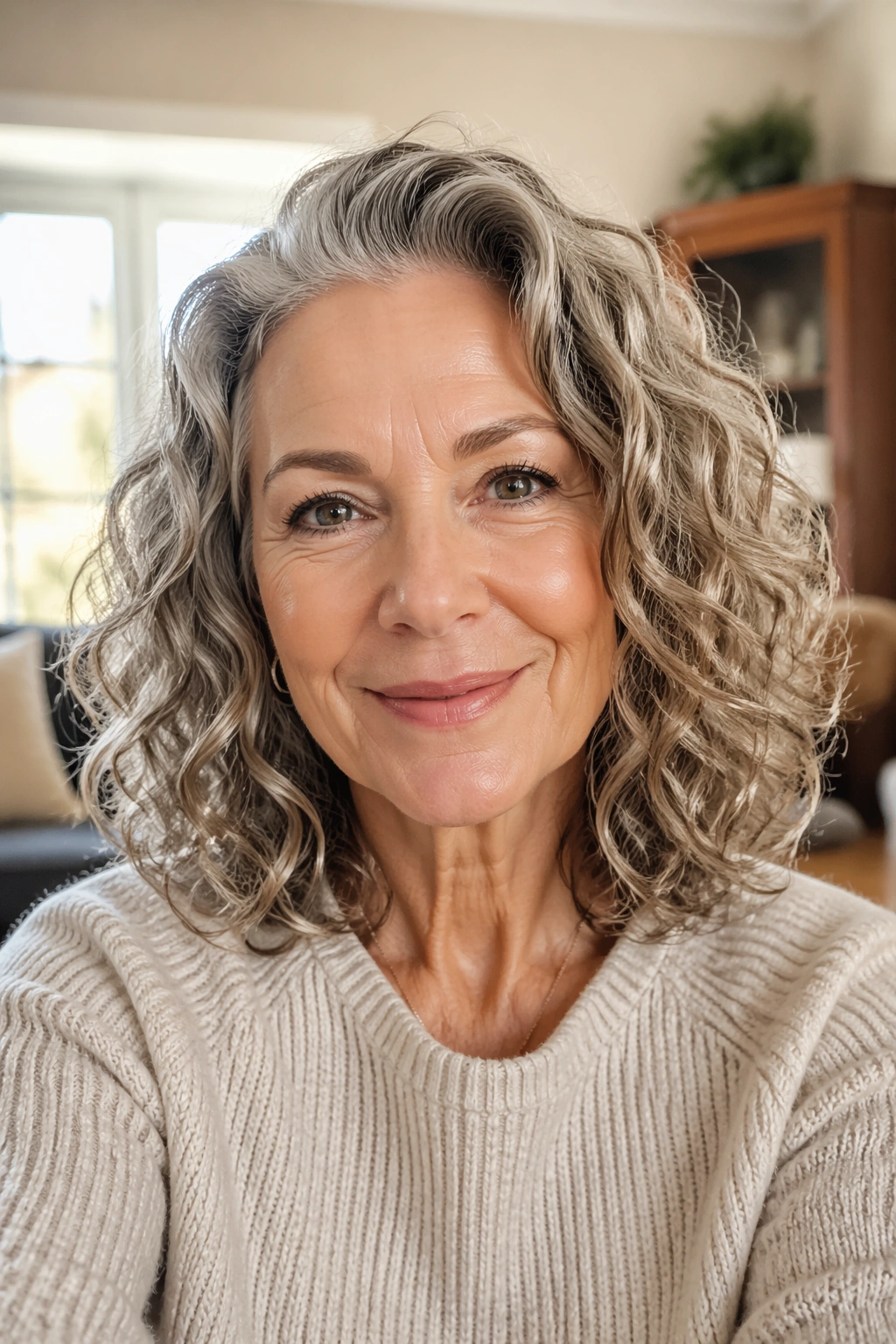 Portrait of a woman with a shoulder-grazing curly lob in warm daylight