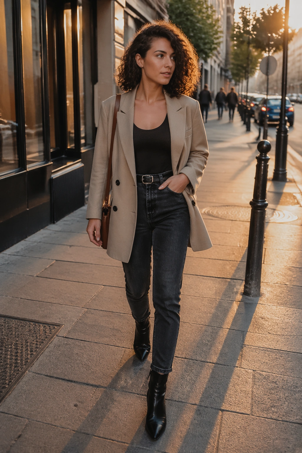 Wide shot of deep side-part curly lob on city street.