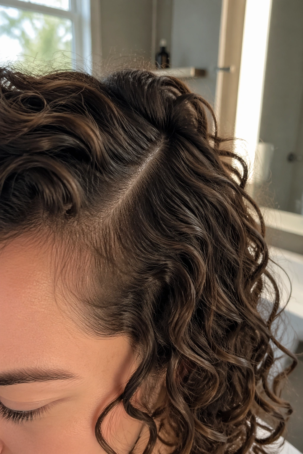 Close-up of curly lob with soft side part and defined bounce.