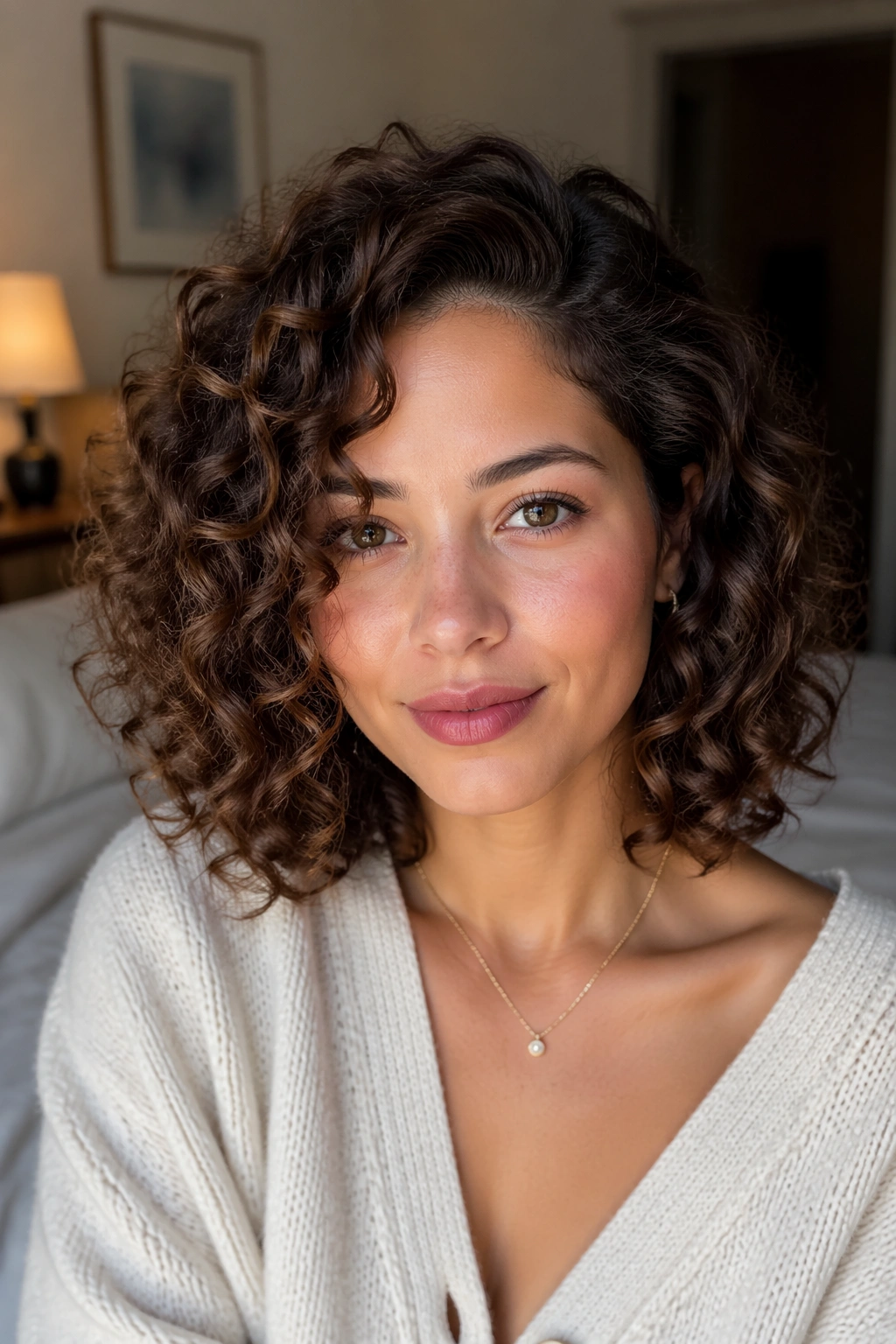 Close-up portrait of a real woman with a curly lob and soft side part, highlighting lift and bounce