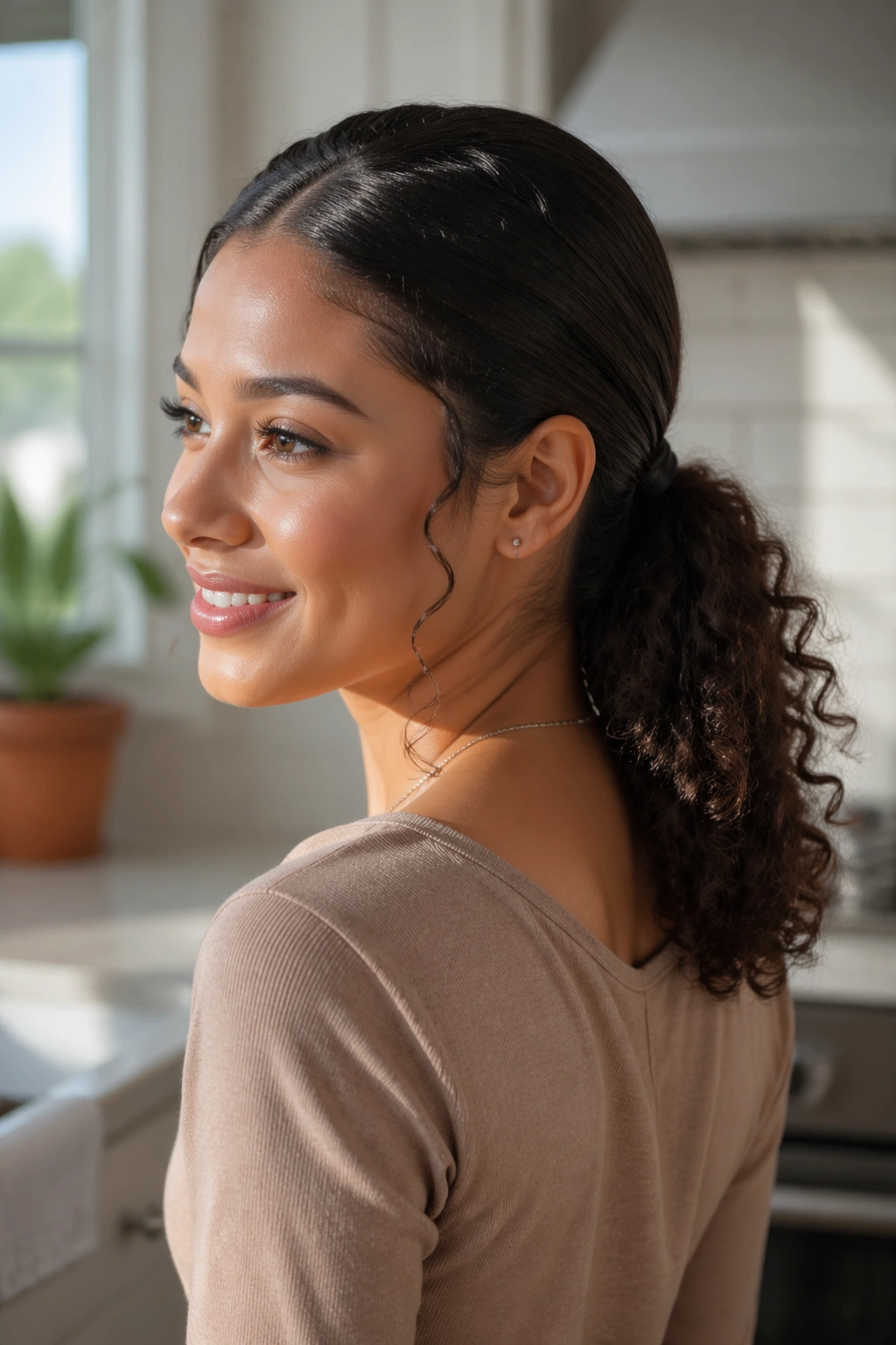 Close-up of a real woman with a sleek base and curly low ponytail