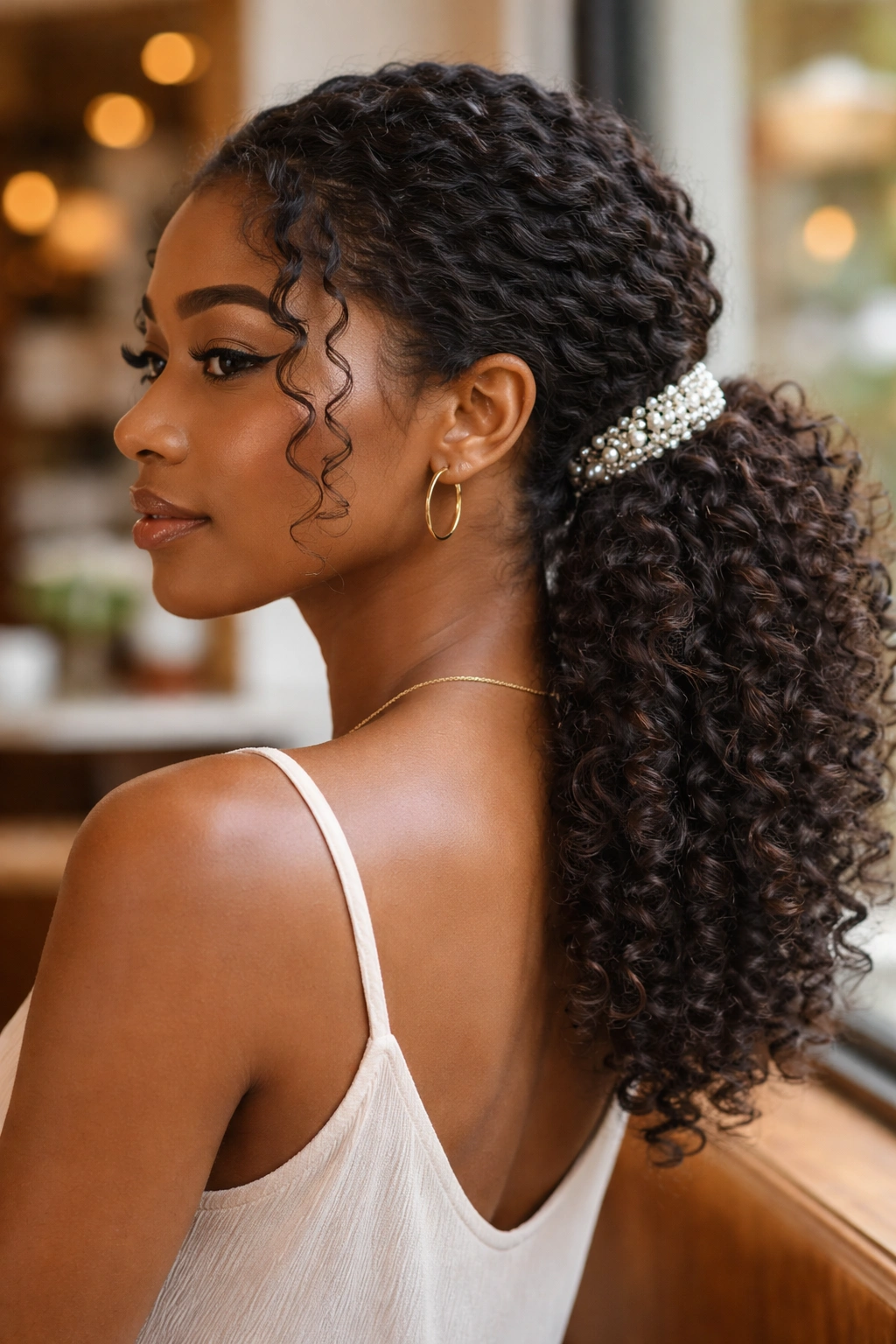 Close-up of a woman with a curly low ponytail and pearl accessory
