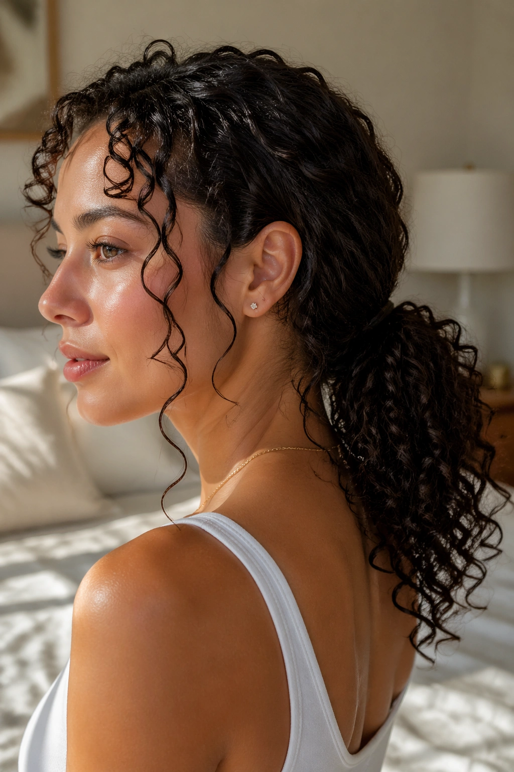 Real woman with curly low ponytail and defined curl ends