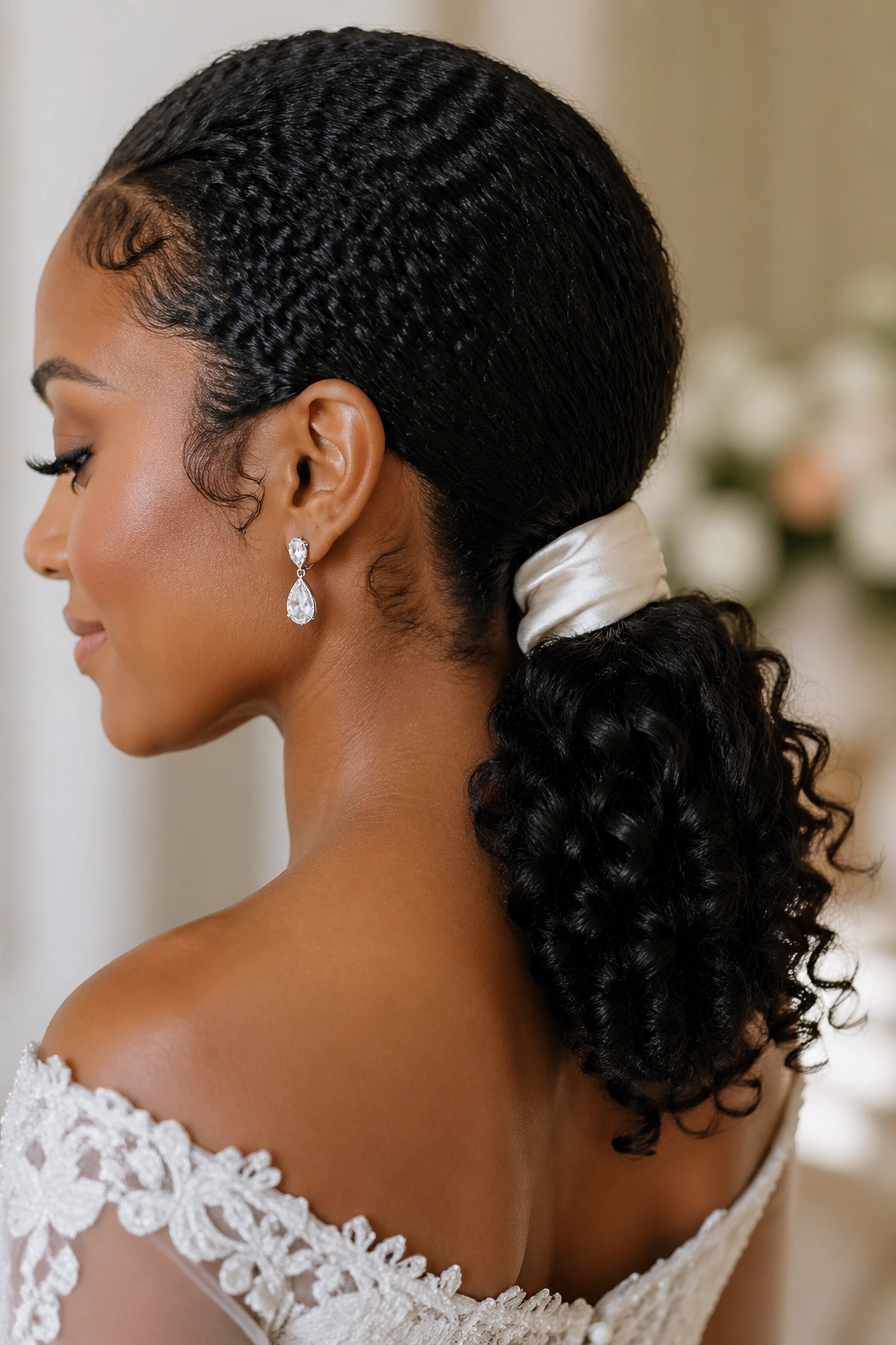 Real bride with curly low ponytail and satin wrap
