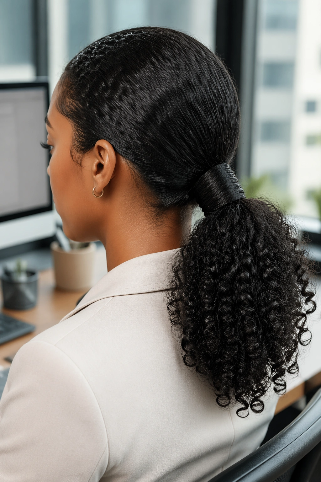 Real person with curly low ponytail and wrapped base for a neat work look.