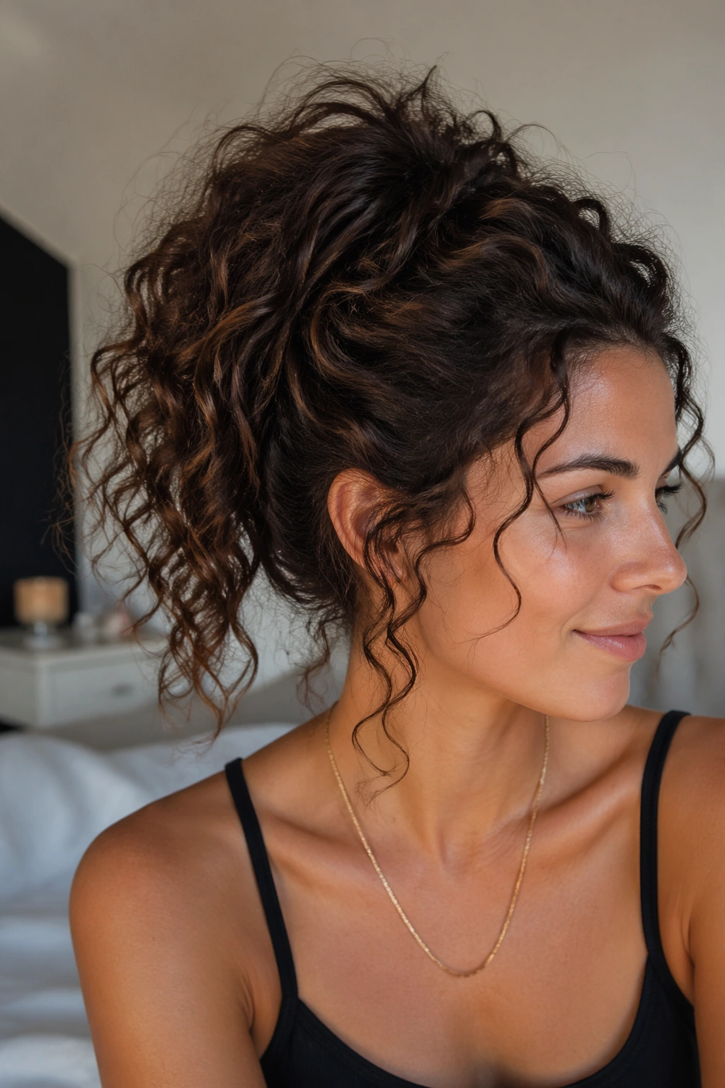 Close-up of a real woman with curly hair in a ponytail and lifted roots