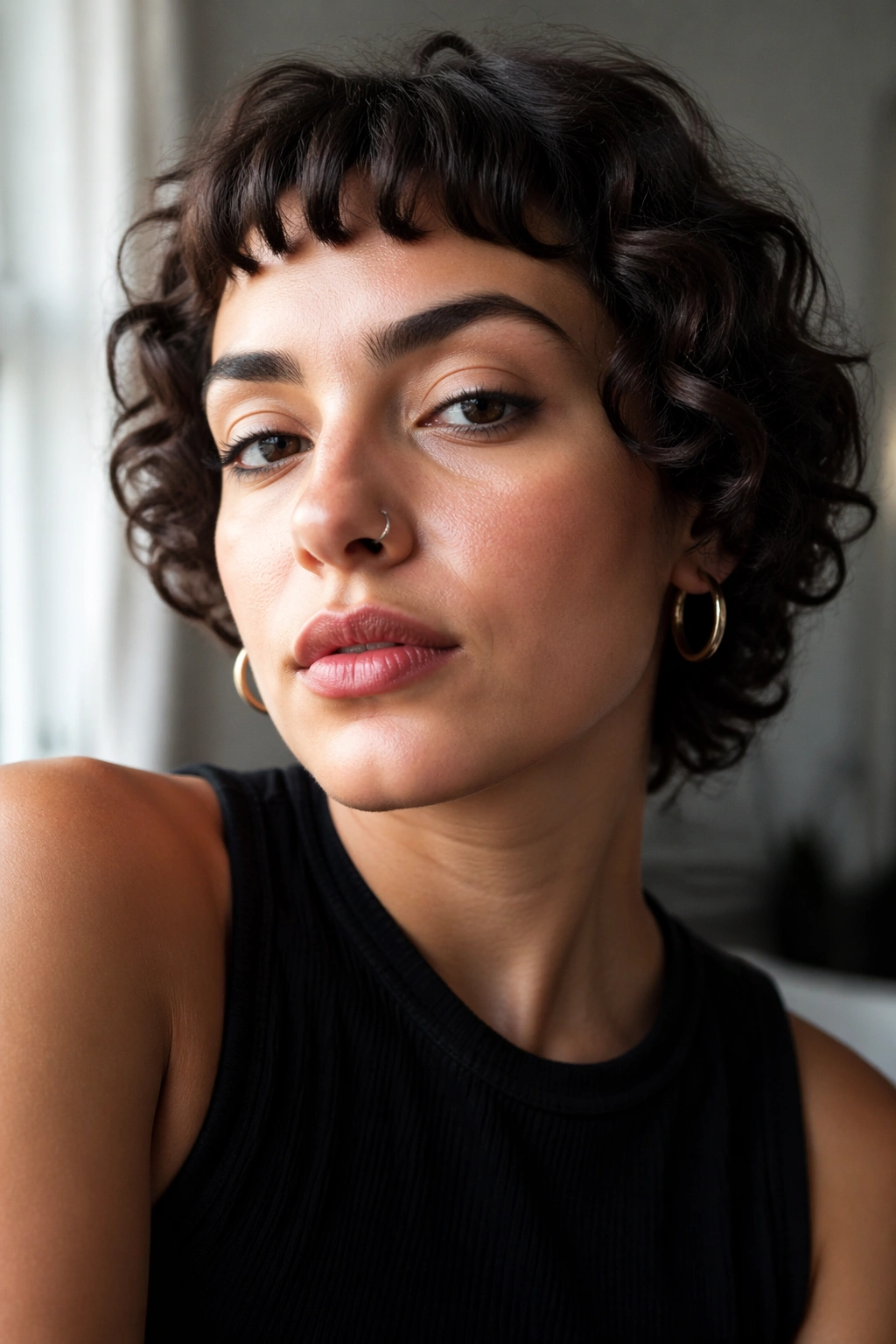 Real woman with curly micro bangs above the eyebrows in soft natural light