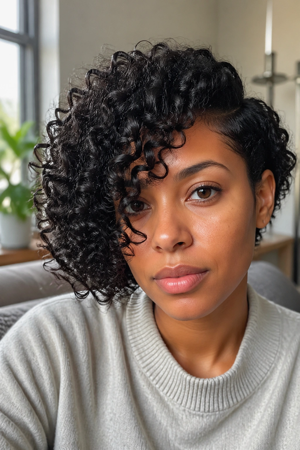 Close-up of a real person with mid-cheek length curly side bang