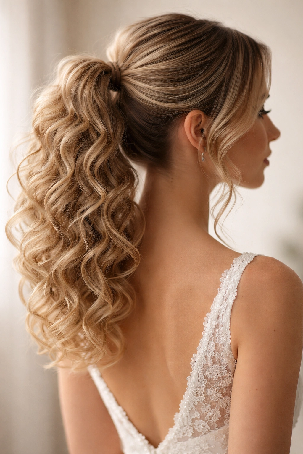 Curly mid-height ponytail with defined curls