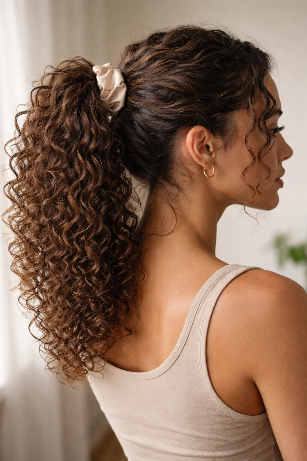 Curly mid ponytail with defined curls and satin scrunchie at the base