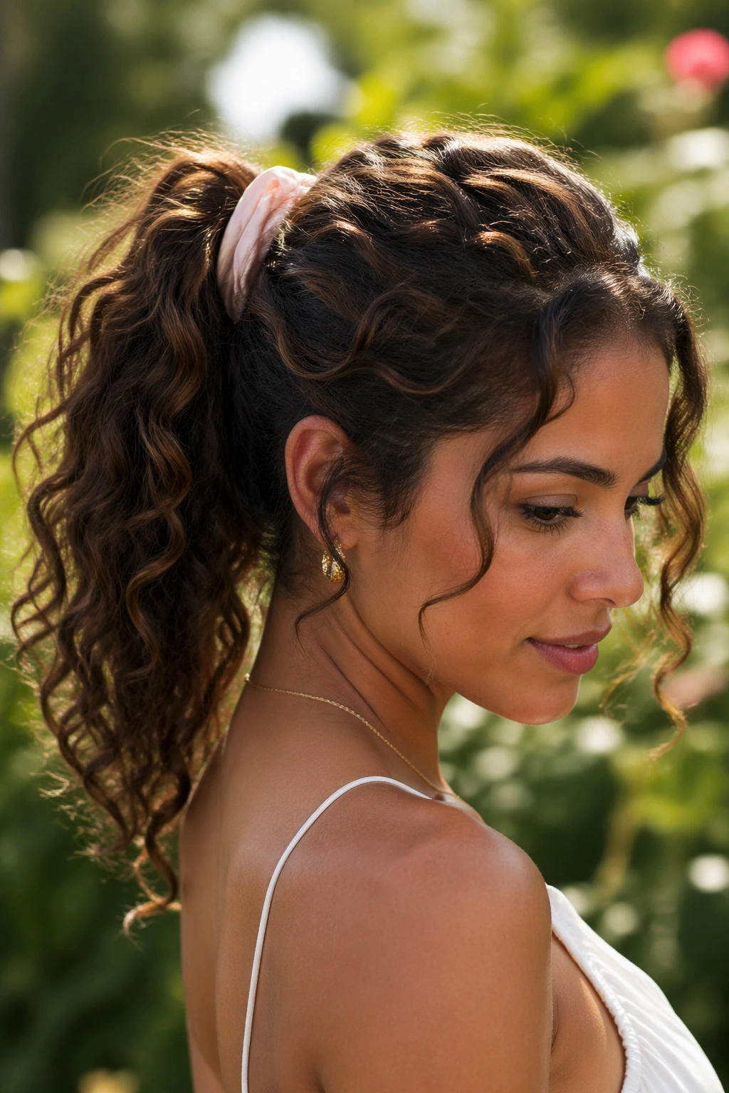 Close-up portrait of a real woman with a curly mid ponytail texture lead