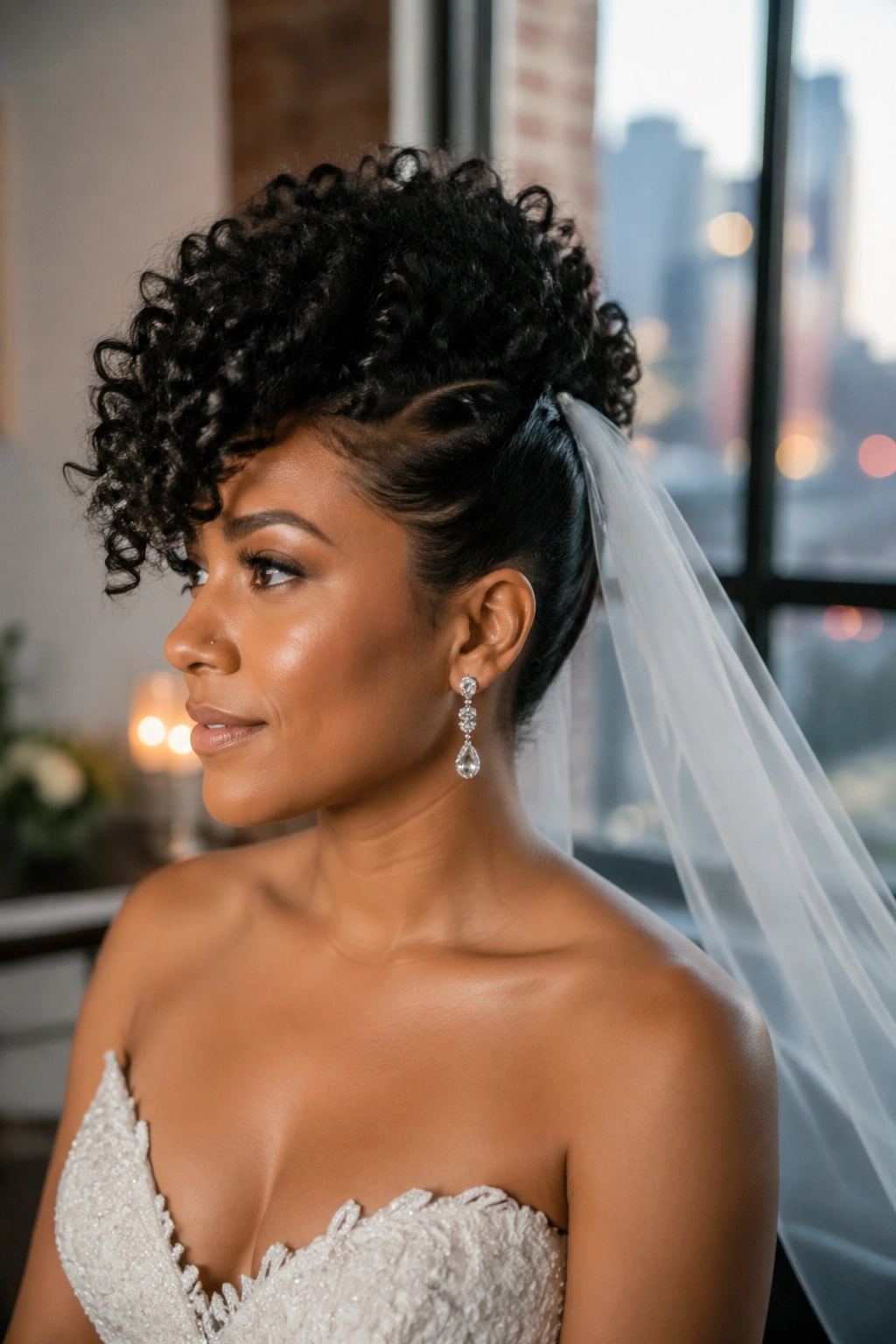 Bride with curly Mohawk and side veil