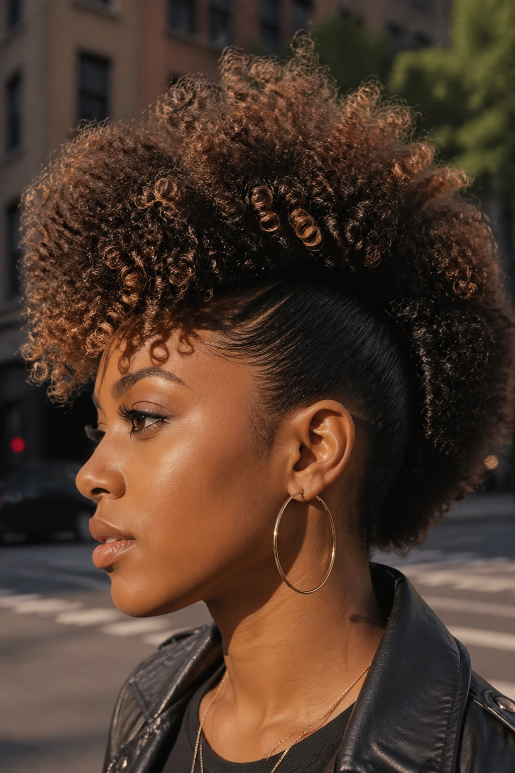 Close-up of a real person with a dramatic brushed-out curly Mohawk