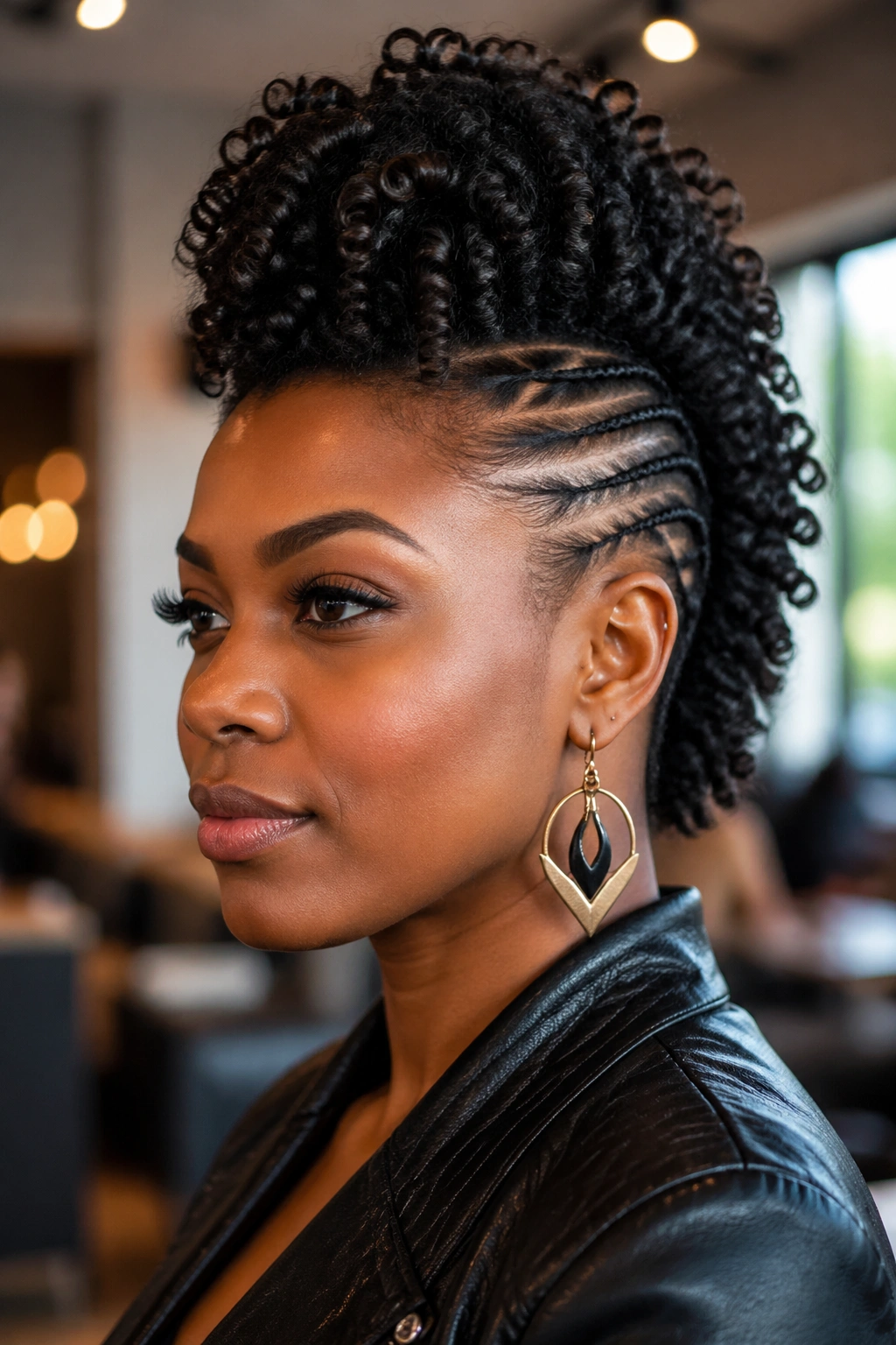Close-up of a real woman with a curly mohawk and defined coils