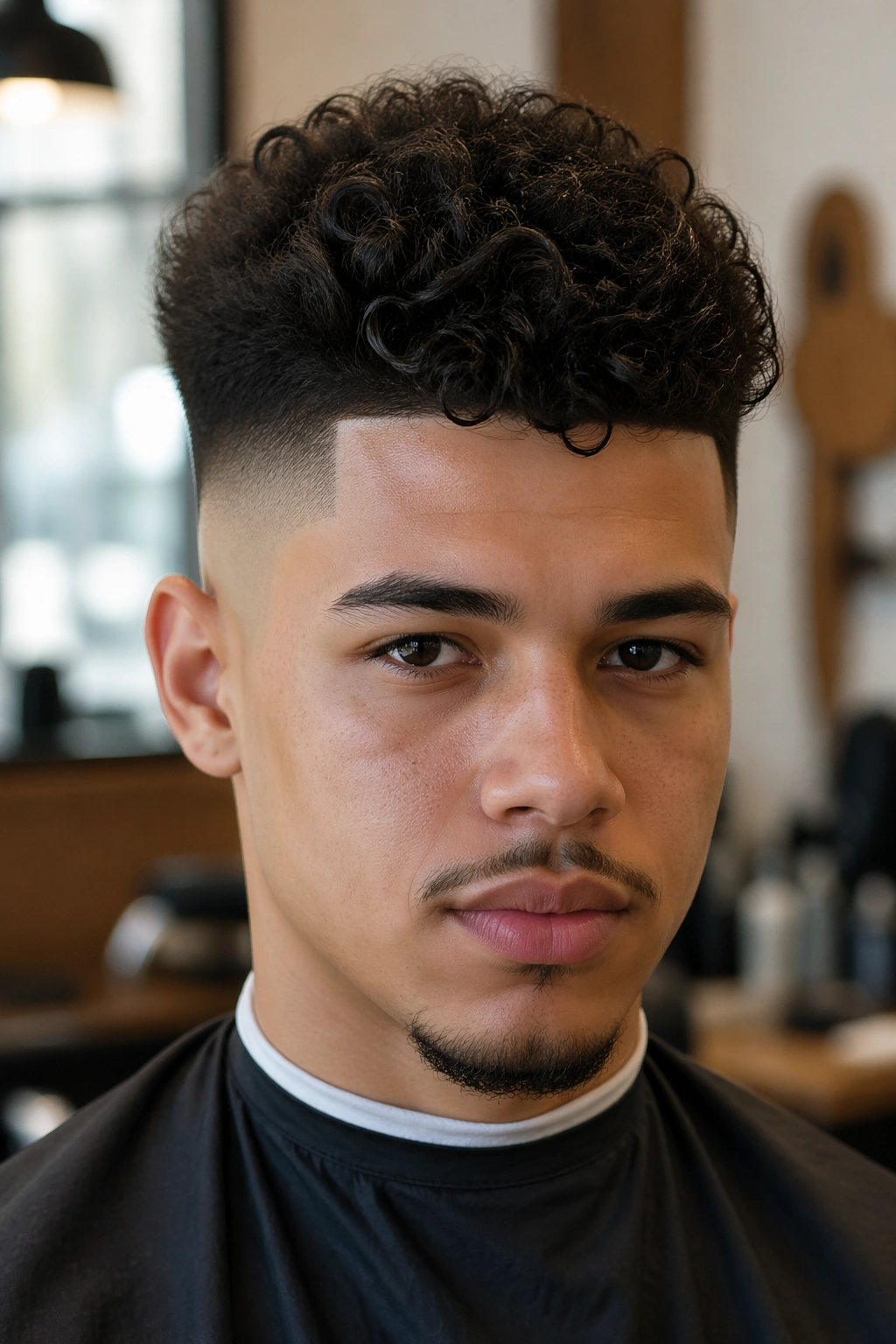 Close-up of a person with a curly mohawk fade and defined curls
