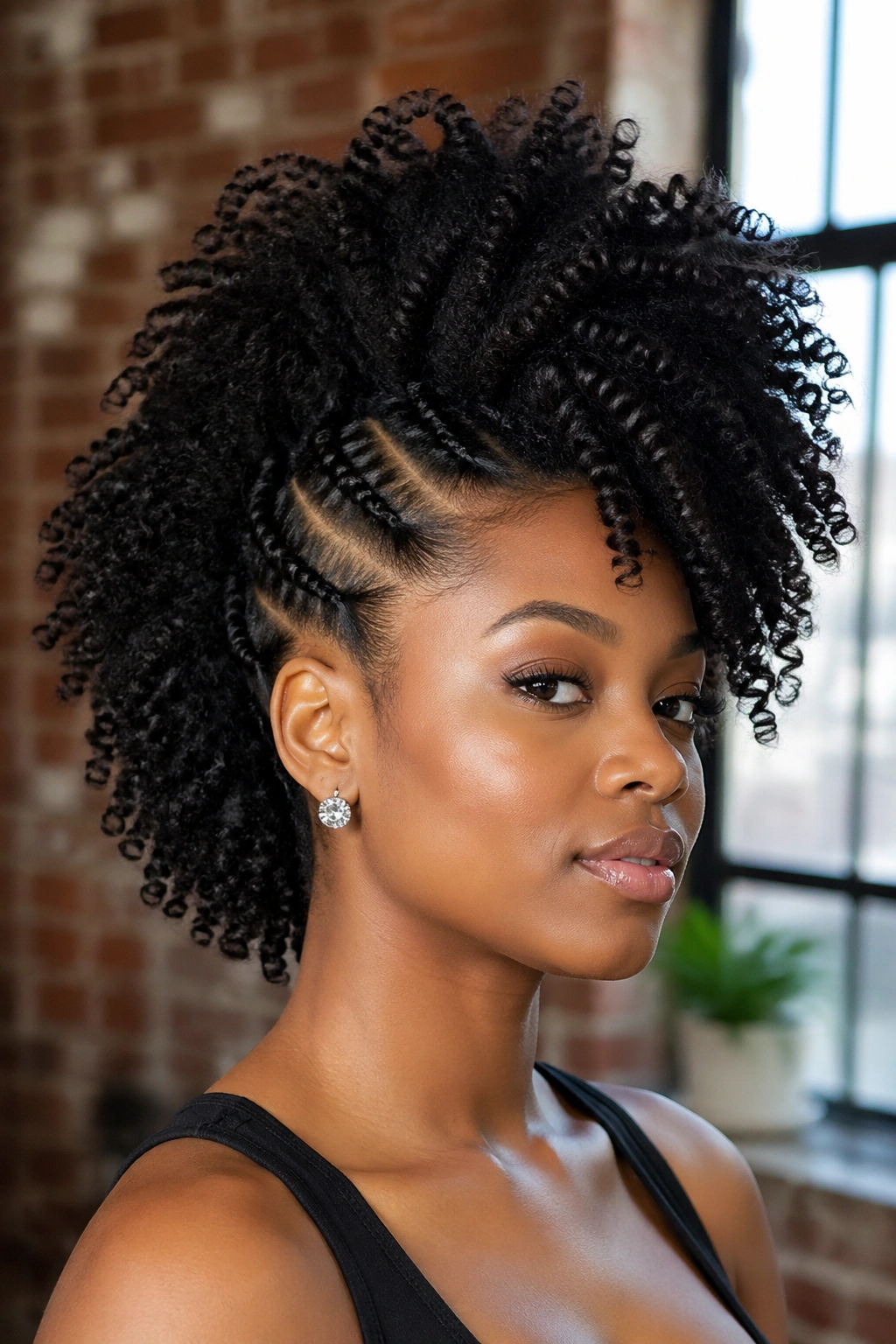 Portrait of a real person with curly mohawk and flat twists on the sides.