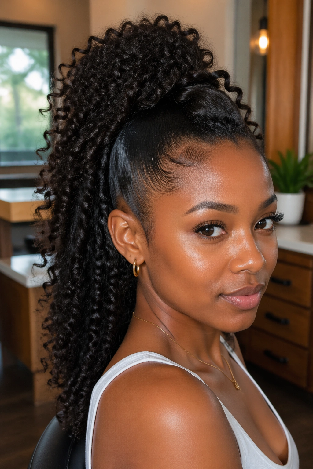 Close-up of a real Black woman with a curly mohawk half up half down ponytail, sides slicked, center curls forming a voluminous ponytail