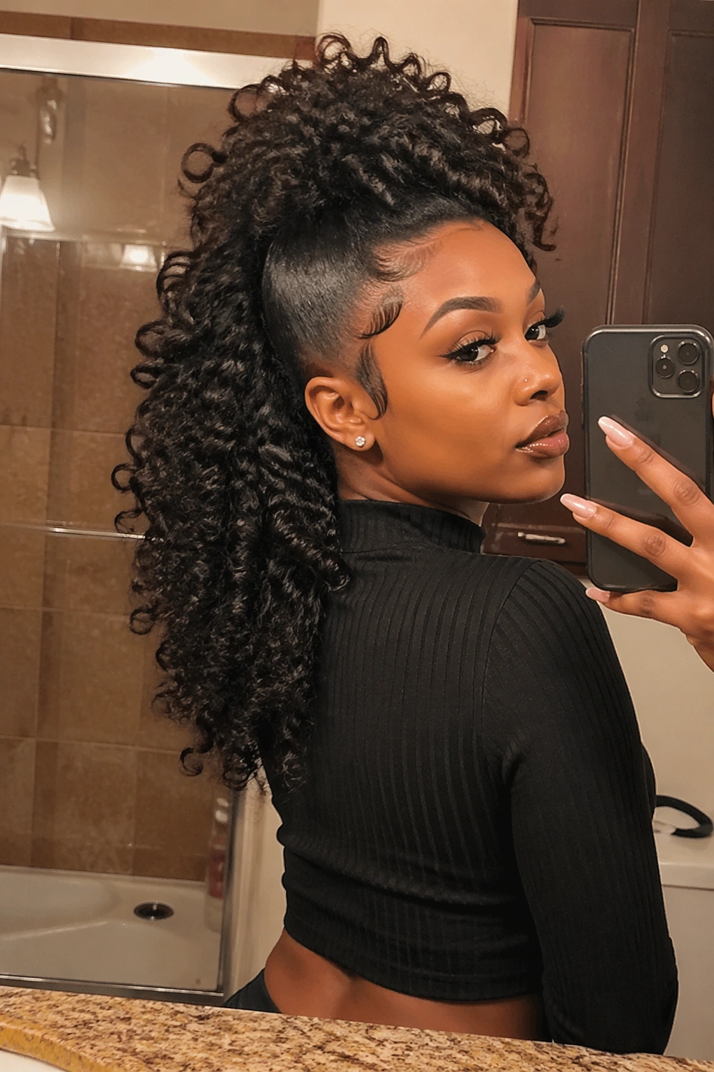 Over-the-shoulder mirror selfie shows curly Mohawk half-up look.