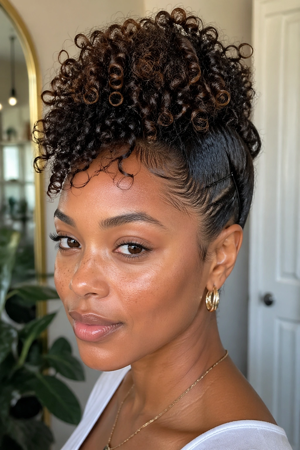 Close-up of a woman with a curly mohawk puff and pinned sides
