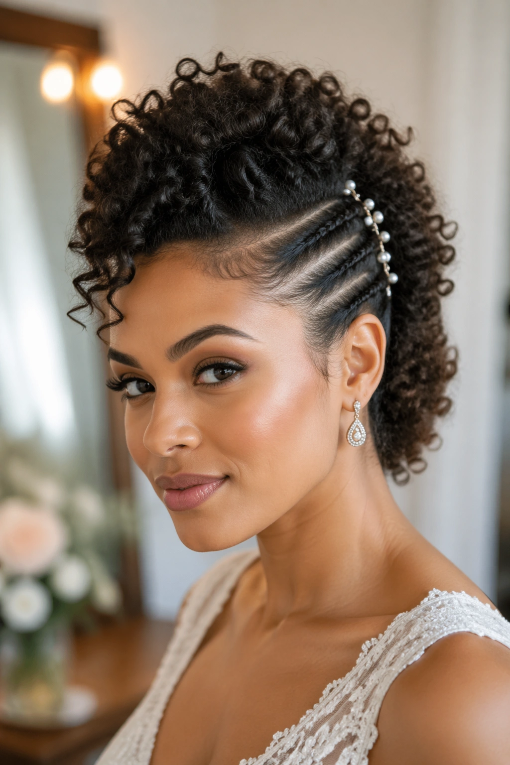 Front/side portrait of a real bride with Curly Mohawk with Side Pins hairstyle
