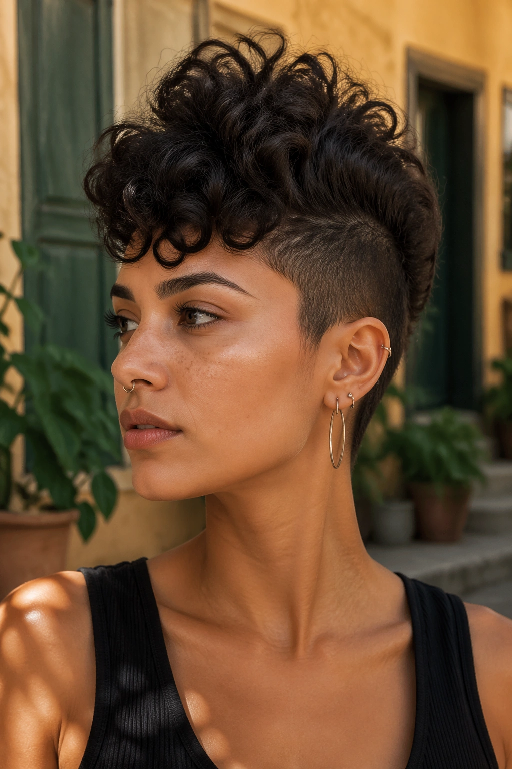 Portrait of a person with a curly mohawk and tight sides.