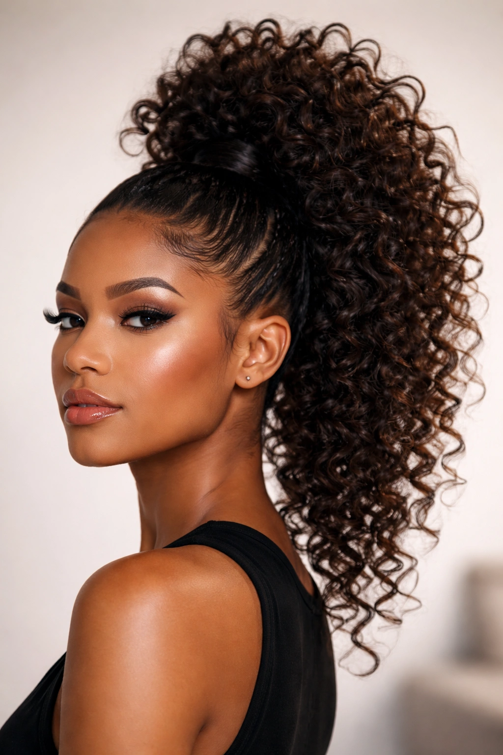 Curly mohawk ponytail with a tall curly crown and smooth sides