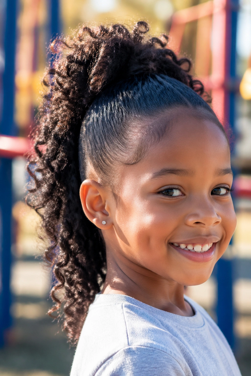 Close-up of a child with a curly mohawk ponytail.