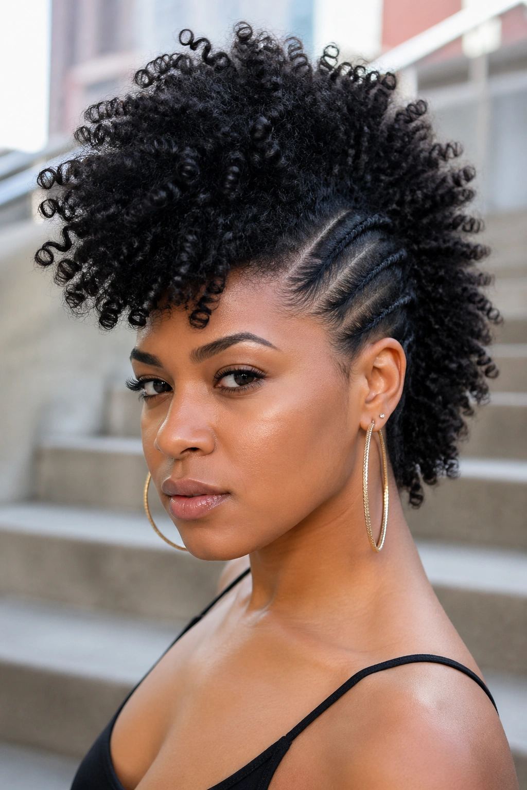 Close-up of a real person with a dramatic curly mohawk
