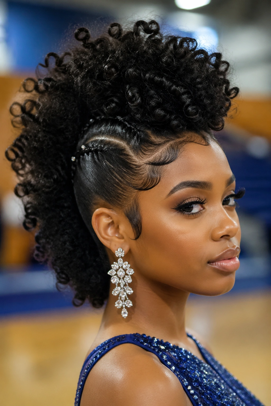 Close-up of a real woman with a curly Mohawk prom style