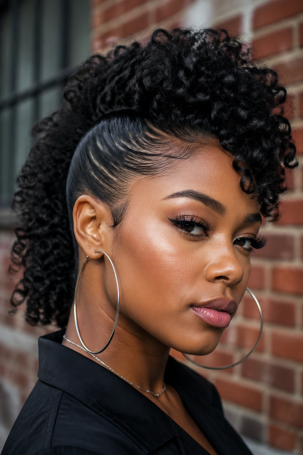 Portrait of a woman with curly mohawk and sleek sides against urban backdrop