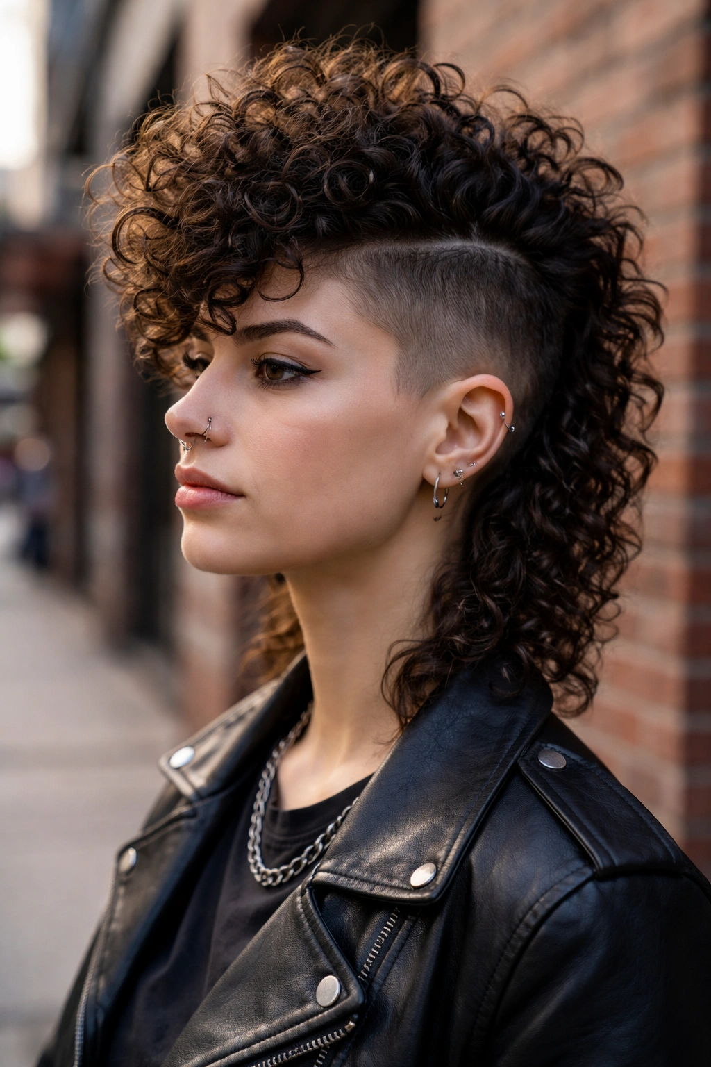 Close-up portrait of a real person with a curly mohawk and tapered sides against a brick wall