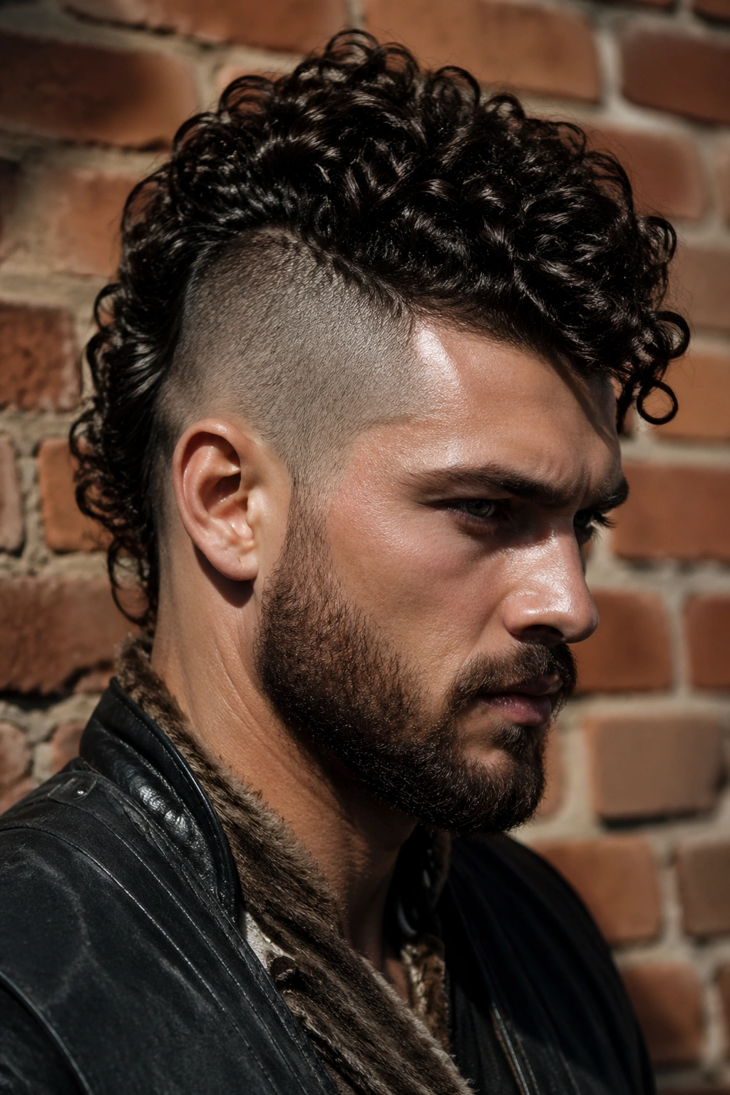Portrait of a real person with a curly mohawk and tight sides against a brick wall.