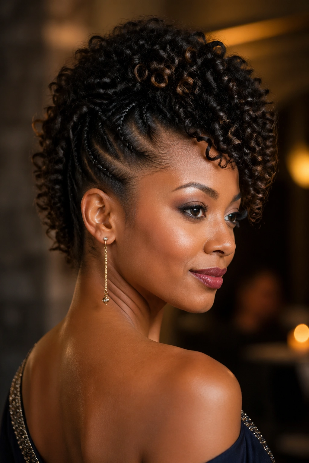Close-up of a woman with a curly mohawk updo in soft evening light