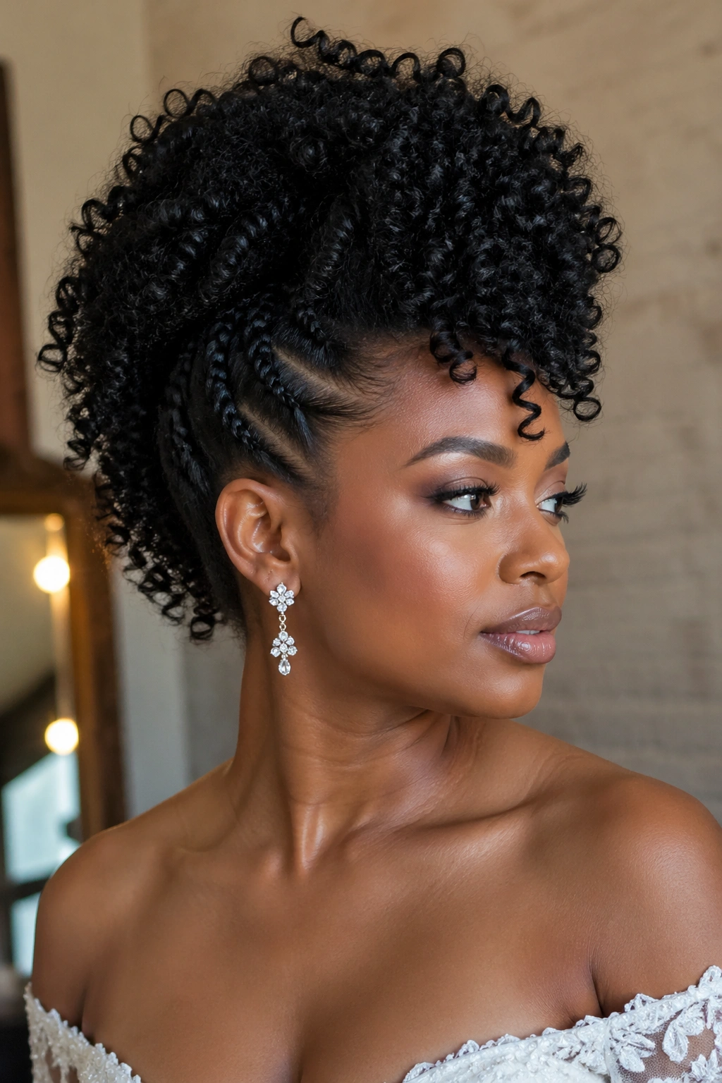 Close-up of a bride with a dramatic curly Mohawk updo