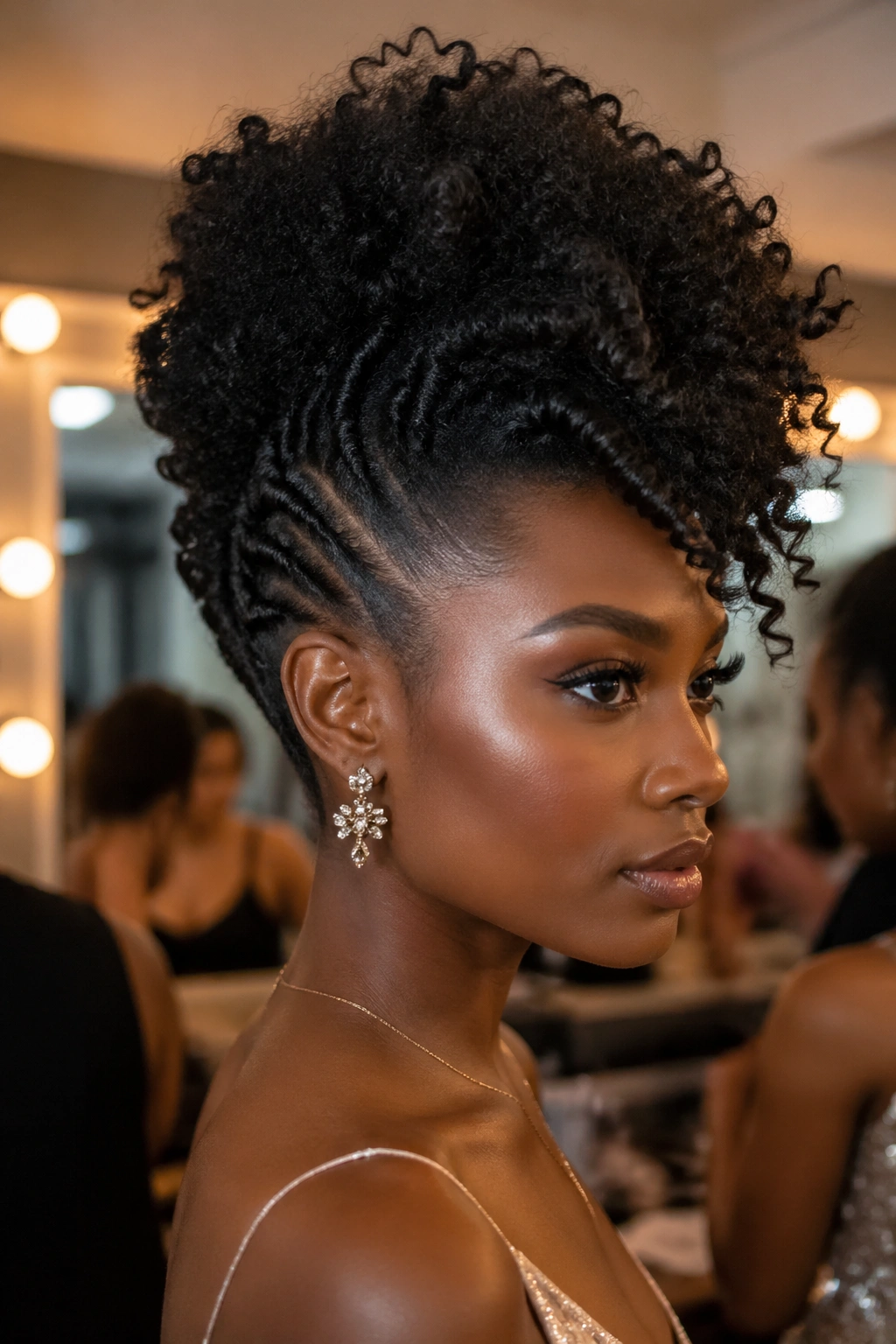 Close-up of a real woman with a curly Mohawk updo and tall central curls