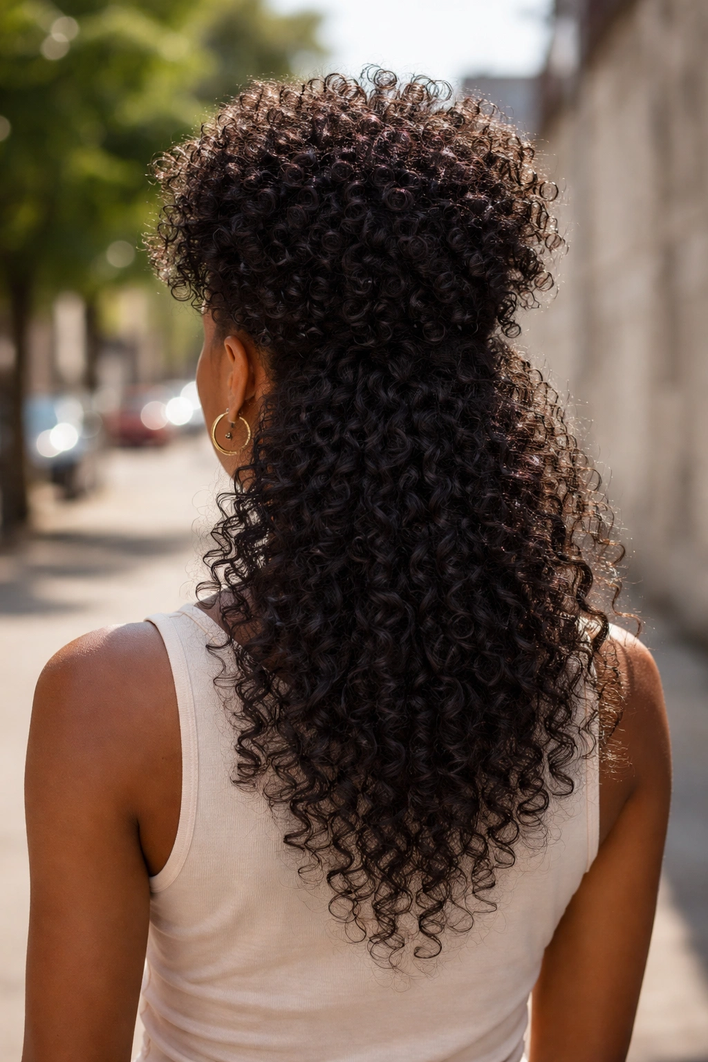 Back-of-head portrait of a real person with curly mullet afro