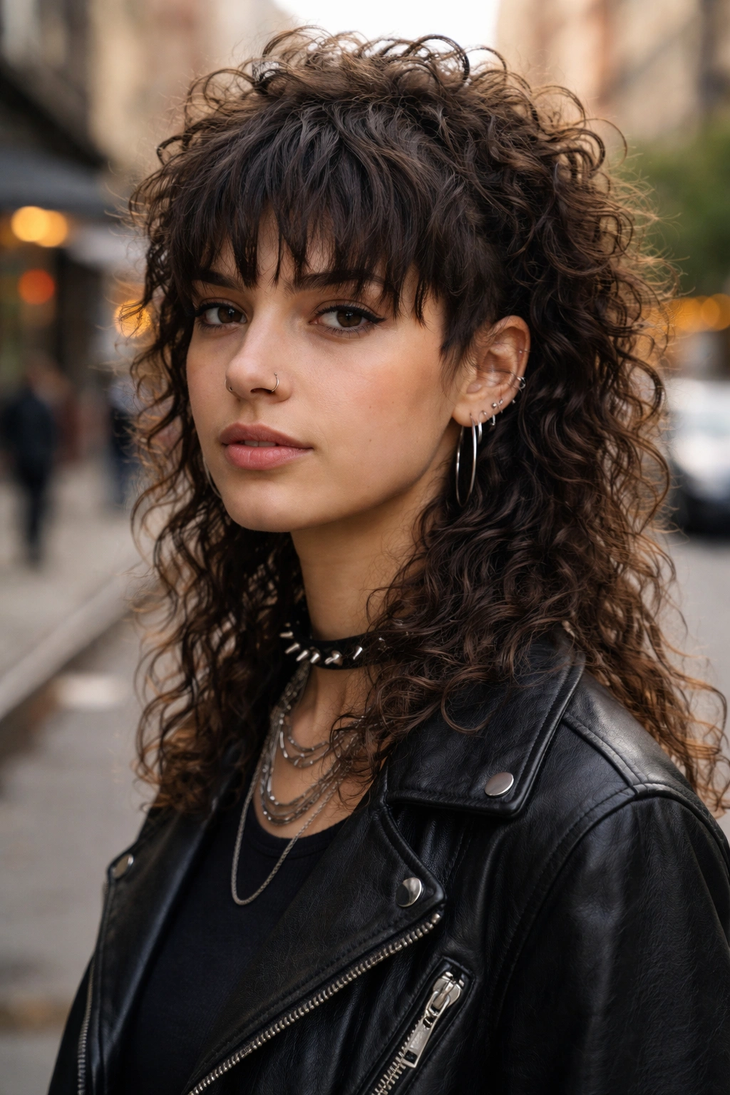 Close-up of a real person with curly mullet and choppy fringe in a street scene